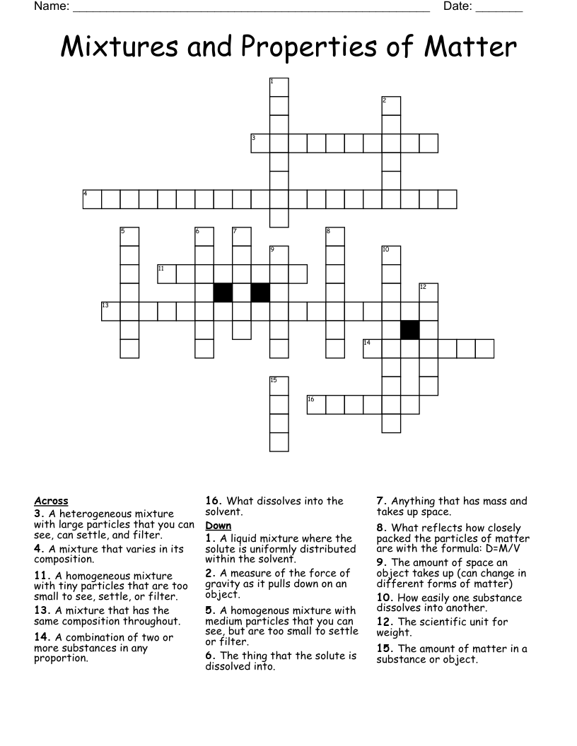 Mixtures and Properties of Matter Crossword