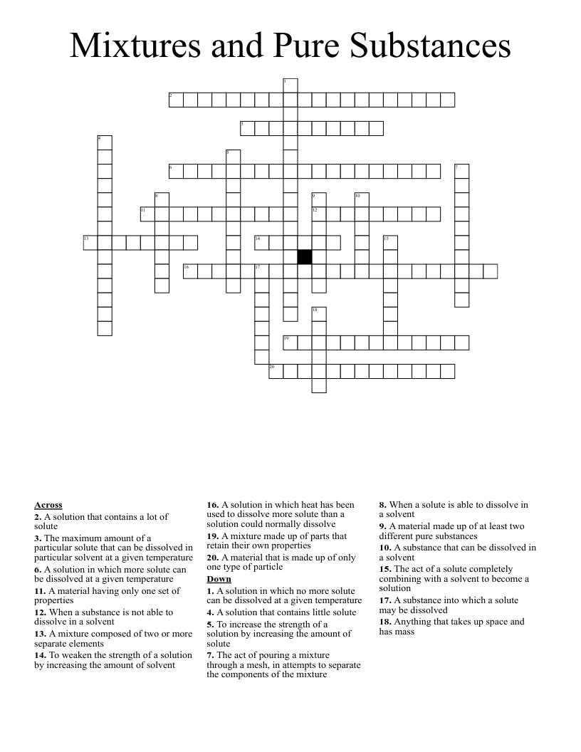 Mixtures and Pure Substances  Crossword