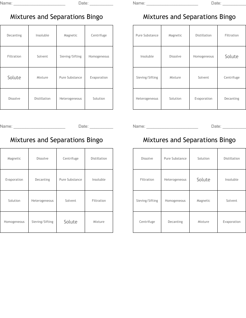 Mixtures and Separations Bingo