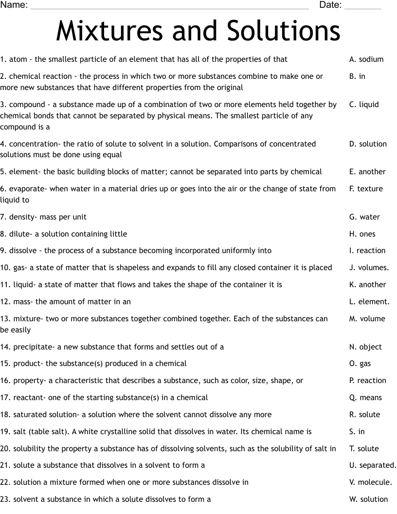 Mixtures and Solutions Worksheet