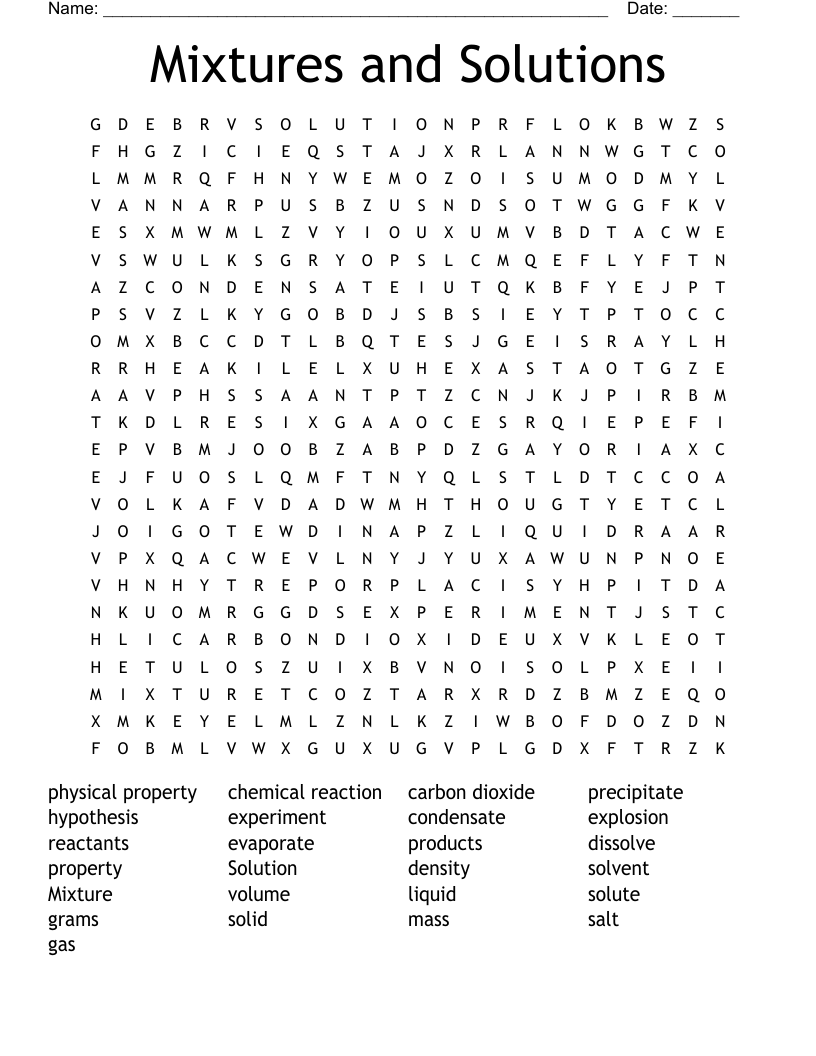 Mixtures and Solutions Word Search