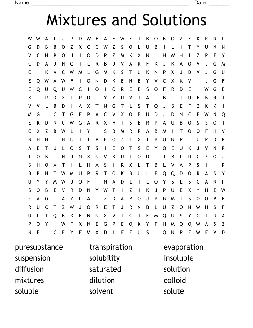 Mixtures and Solutions Word Search