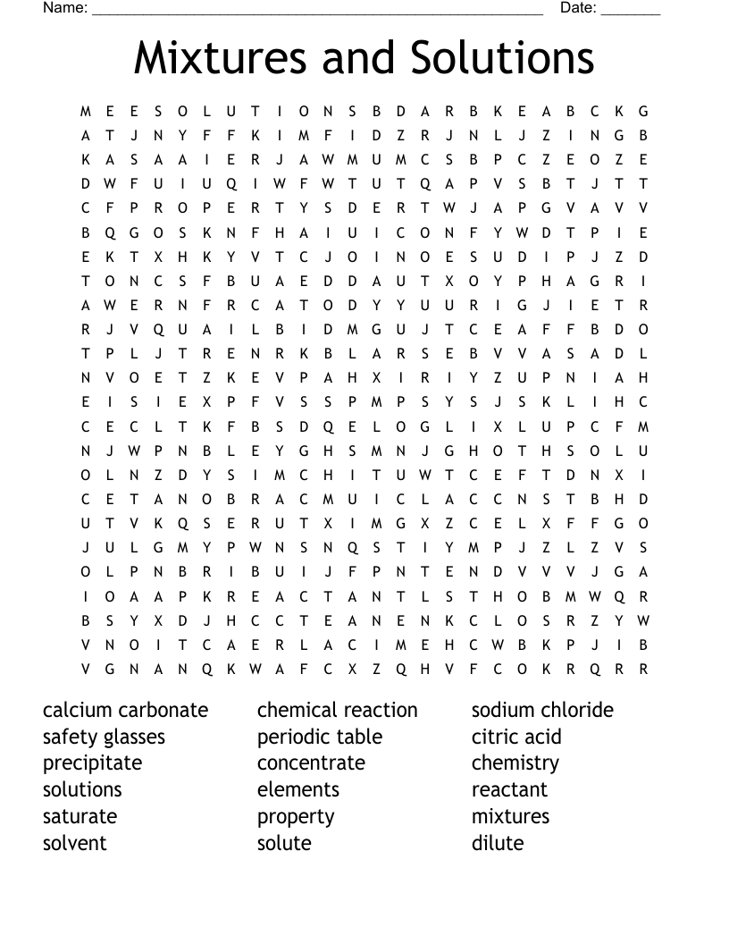 Mixtures and Solutions Word Search