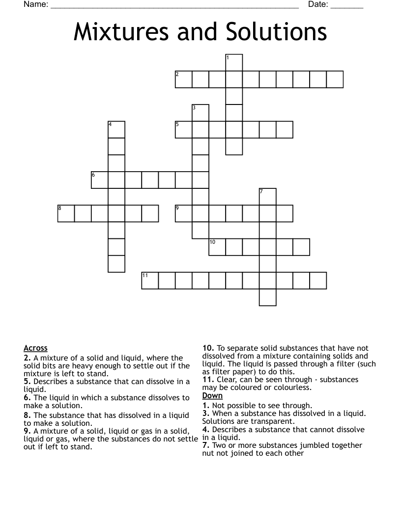 Mixtures and Solutions Crossword