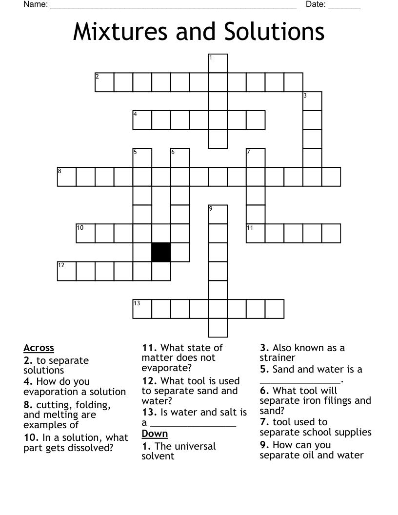 Mixtures and Solutions Crossword