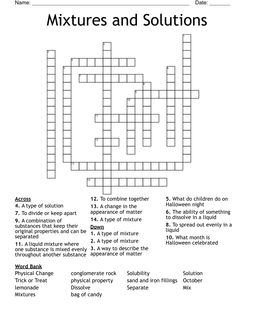 Mixtures and Solutions Crossword