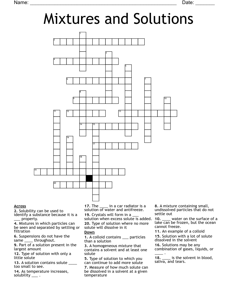Mixtures and Solutions Crossword
