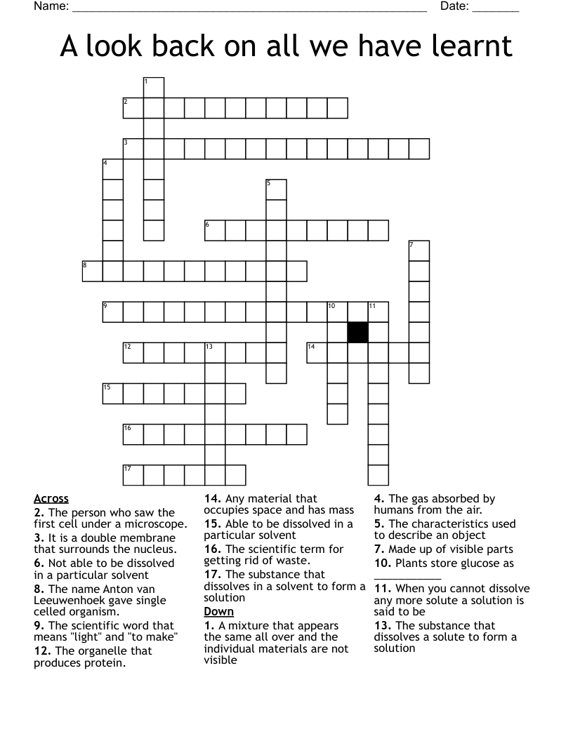 A look back on all we have learnt Crossword