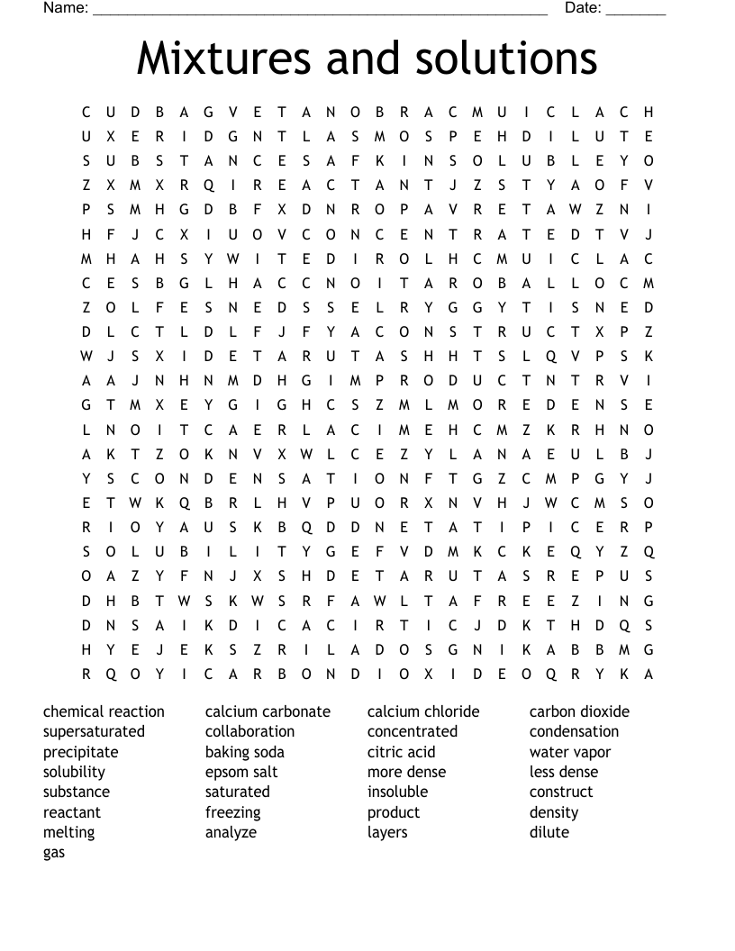 Mixtures and solutions Word Search
