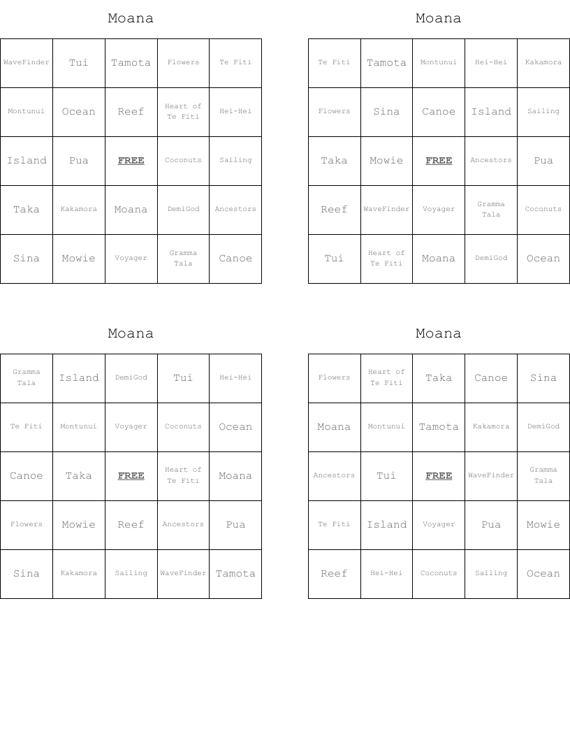Moana Bingo Cards