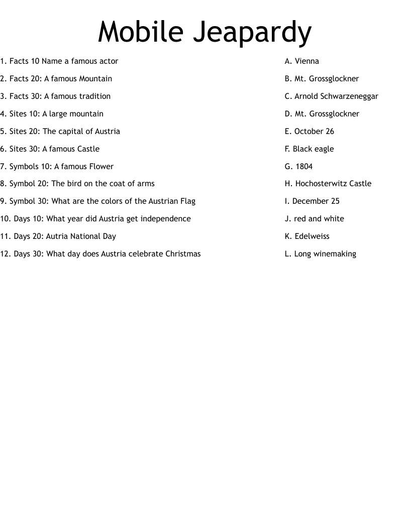 Mobile Jeapardy Worksheet
