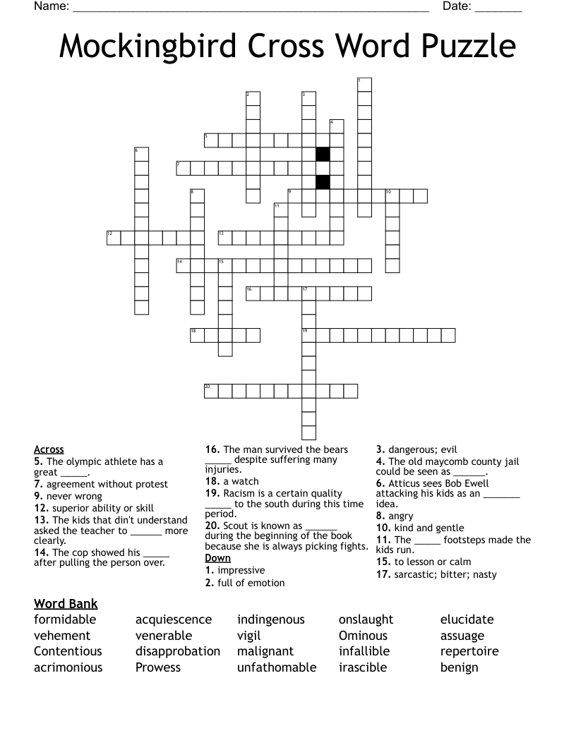 Mockingbird Cross Word Puzzle
