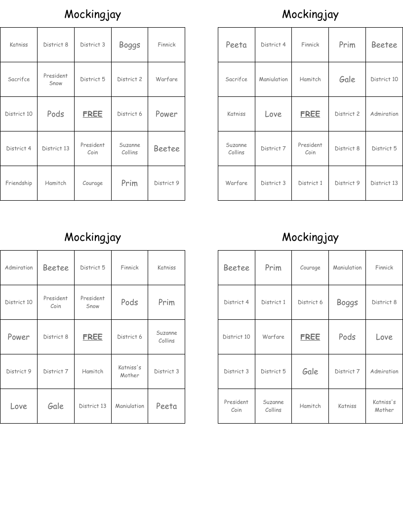 Mockingjay Bingo Cards