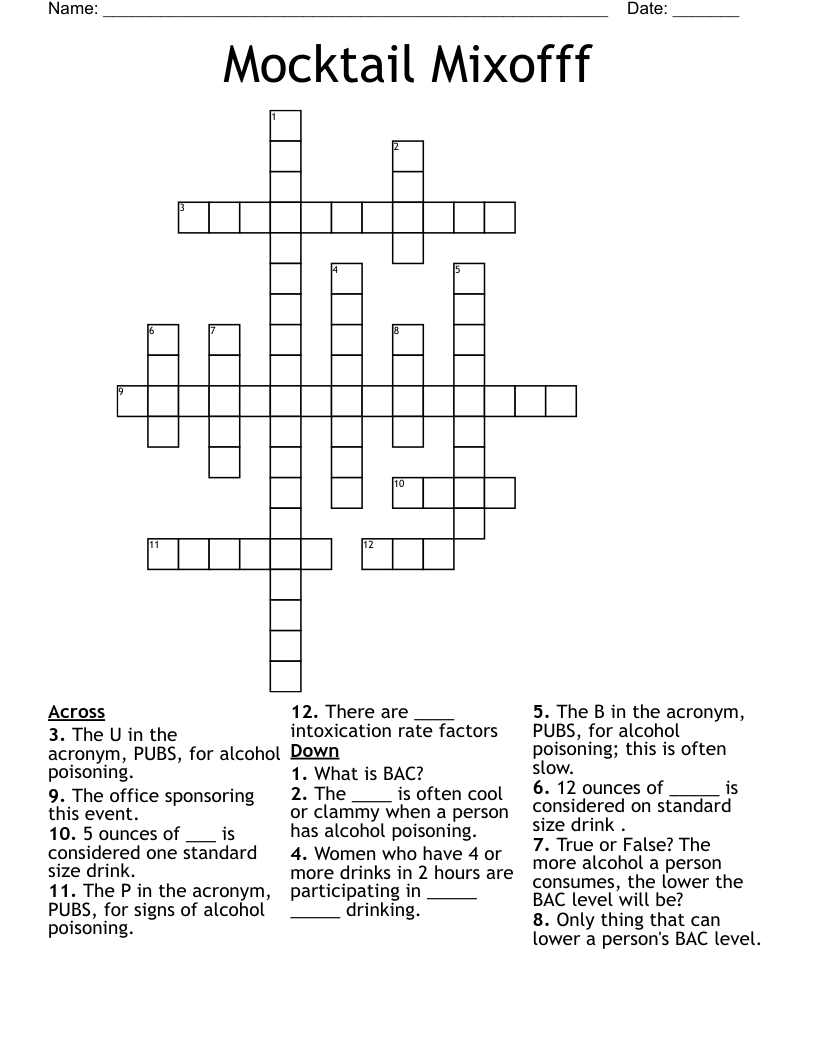 Mocktail Mixofff Crossword