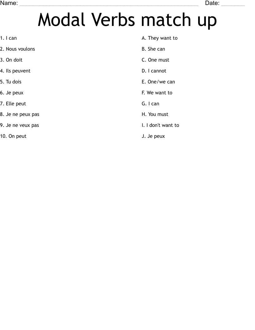 Modal Verbs match up Worksheet