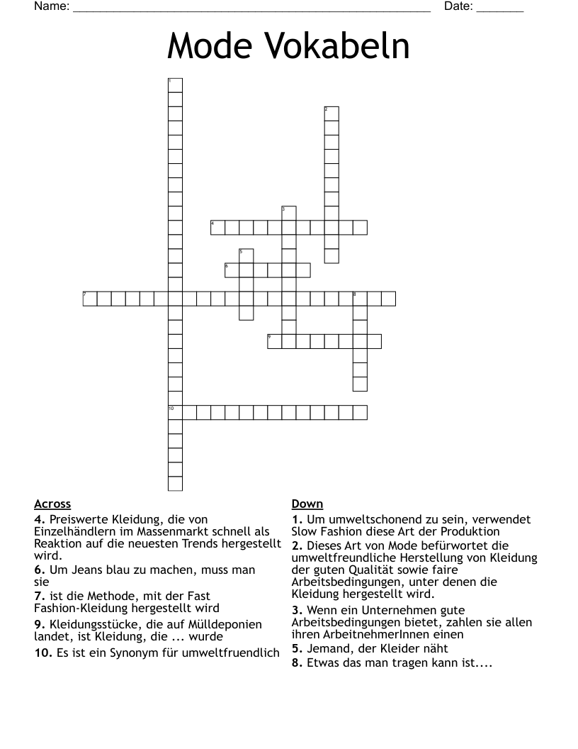 Mode Vokabeln  Crossword