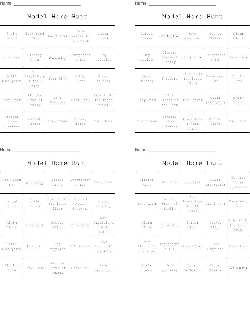Model Home Hunt Bingo Cards