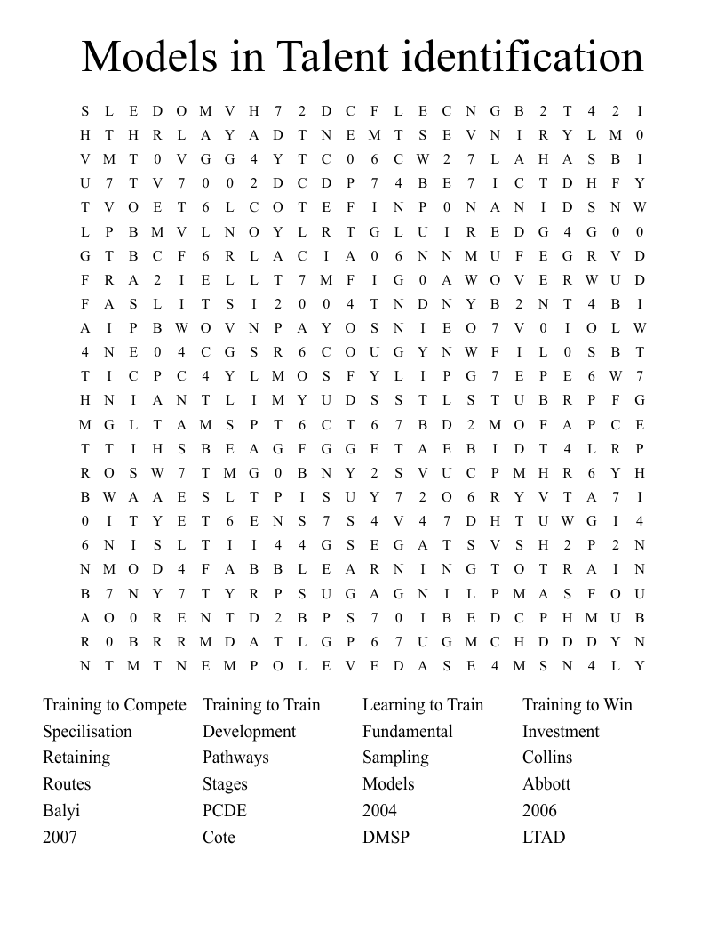 Models in Talent identification Word Search