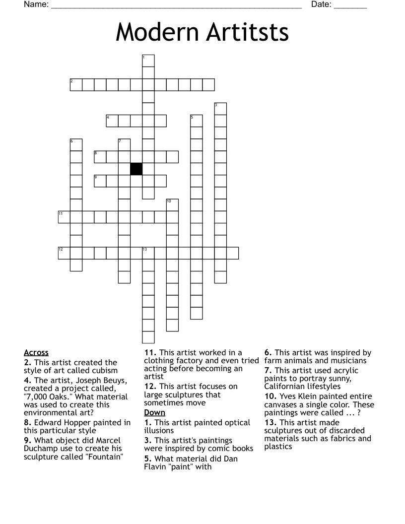 Modern Artitsts Crossword