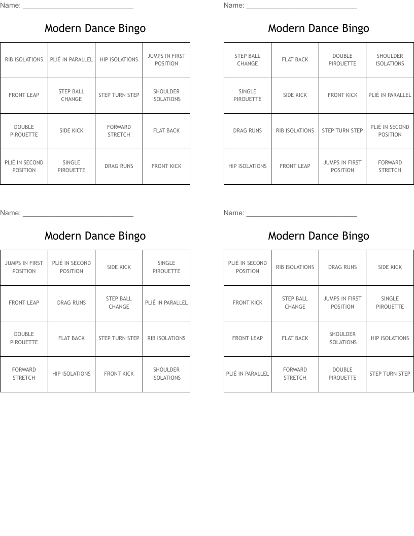 Modern Dance Bingo