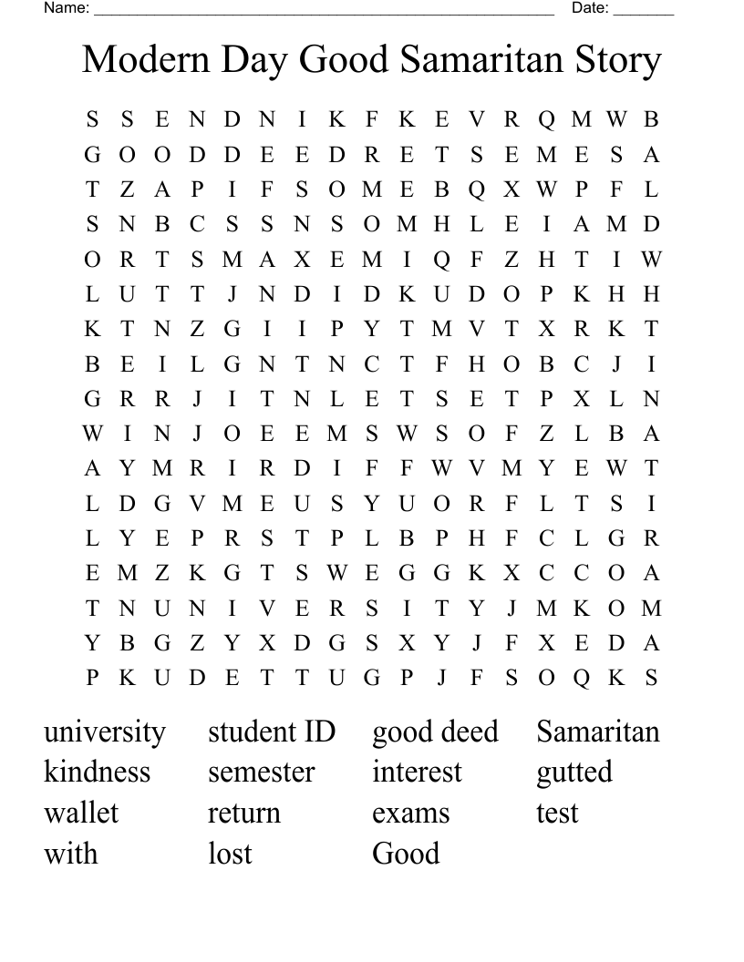 Modern Day  Good Samaritan Story Word Search