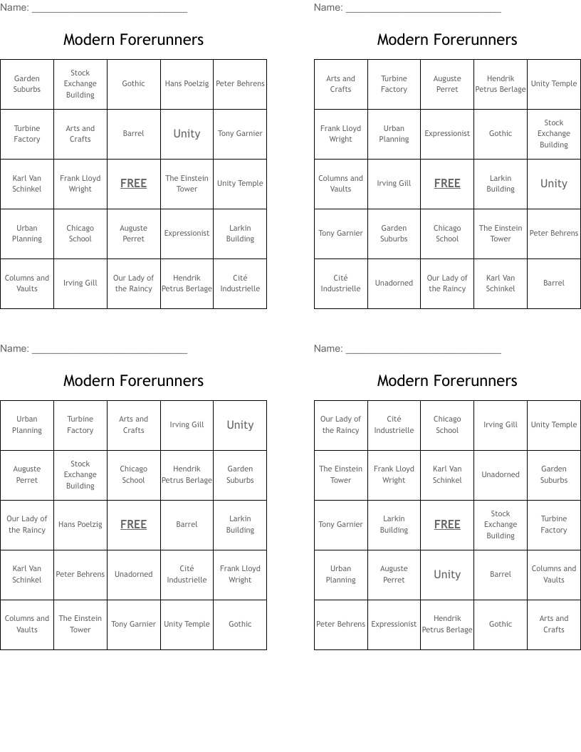 Modern Forerunners Bingo Cards
