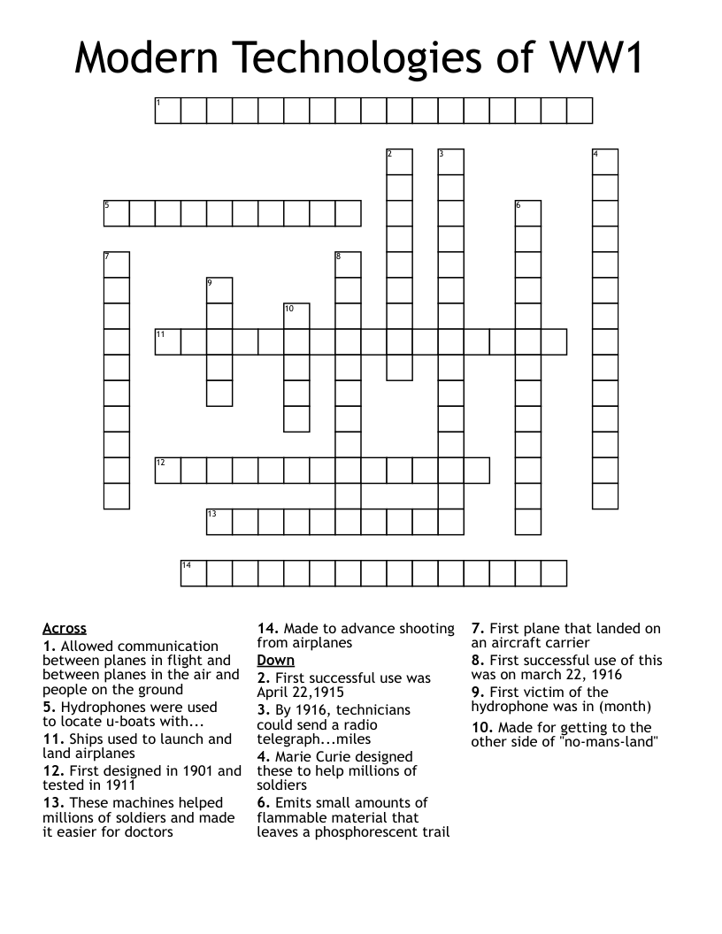 Modern Technologies of WW1 Crossword