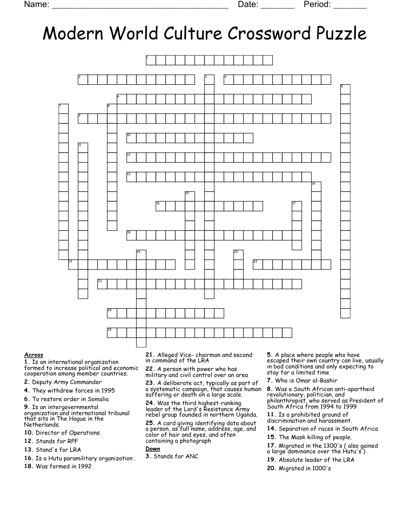 Modern World Culture Crossword Puzzle