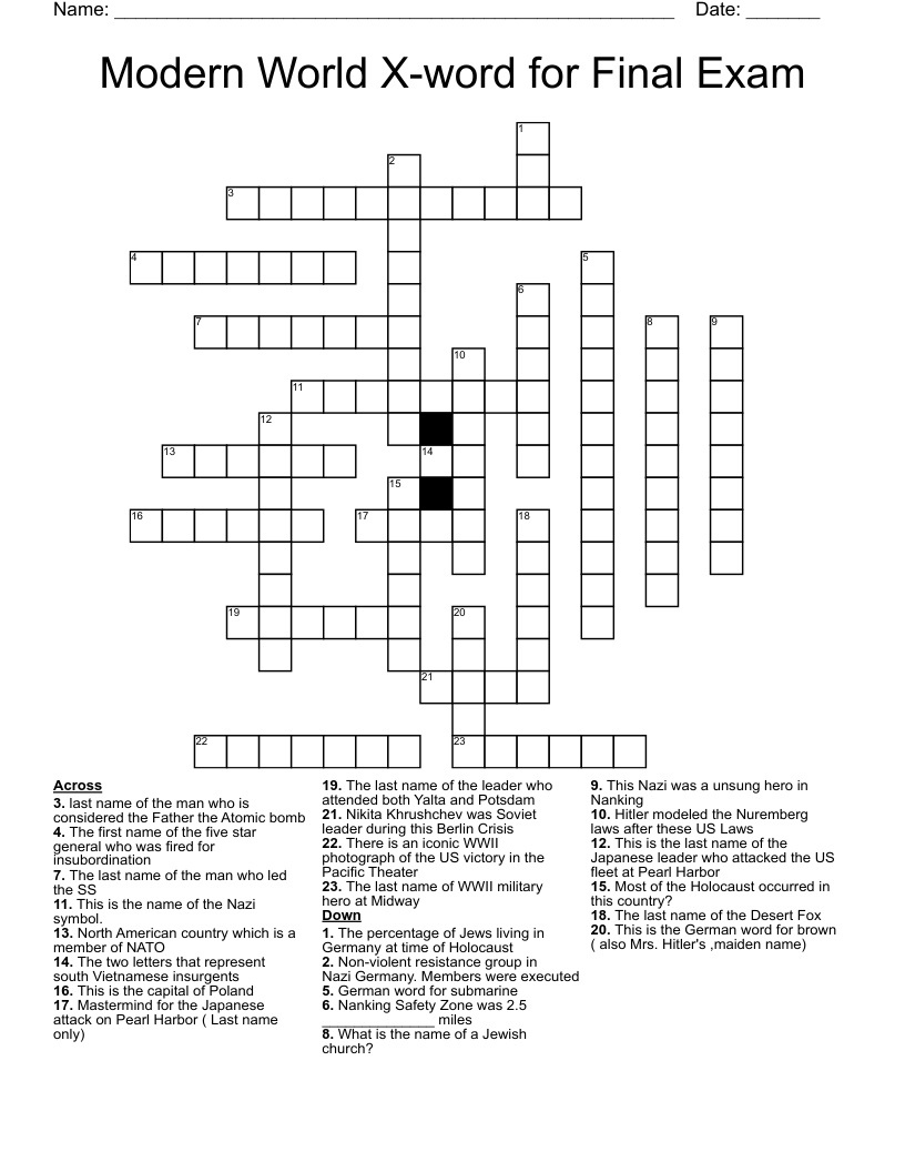 Modern World X-word for  Final Exam Crossword