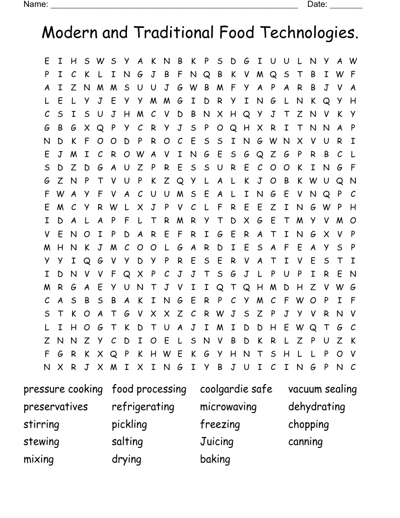 Modern and Traditional Food Technologies. Word Search