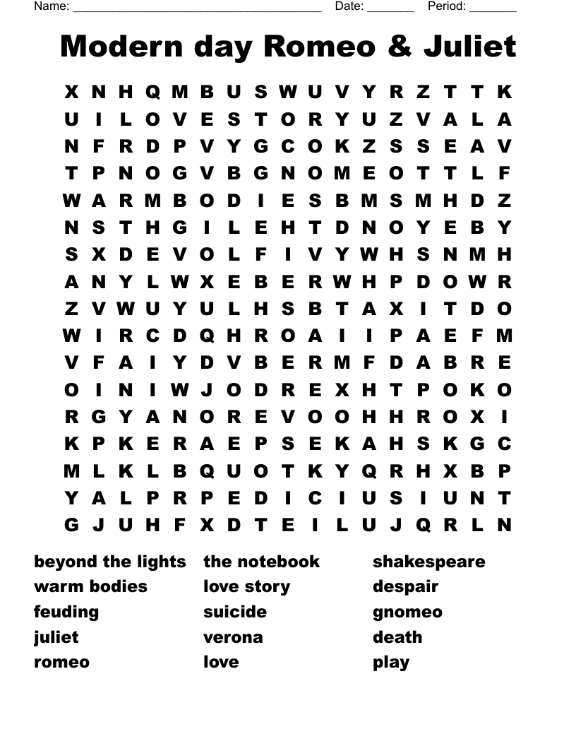 Modern day Romeo & Juliet Word Search