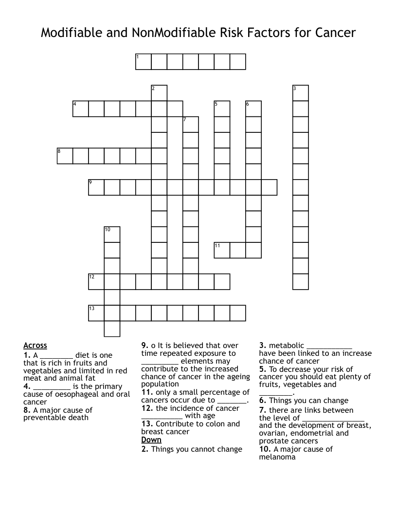 Modifiable and NonModifiable Risk Factors for Cancer Crossword