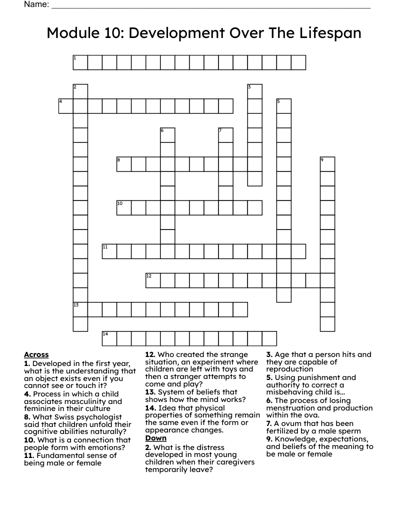 Module 10: Development Over The Lifespan   Crossword