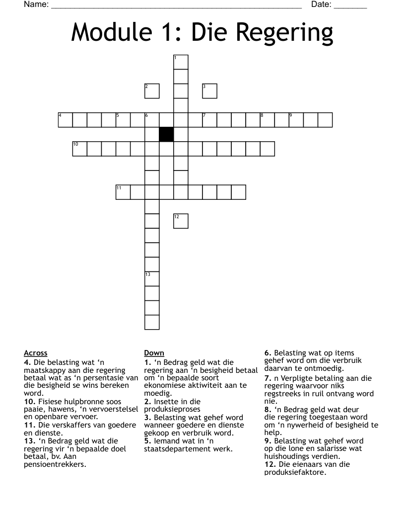 Module 1:  Die Regering Crossword