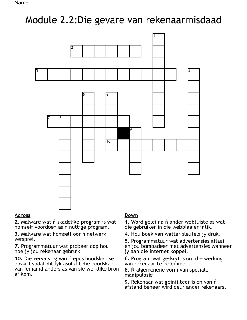 Module 2.2:Die gevare van rekenaarmisdaad Crossword