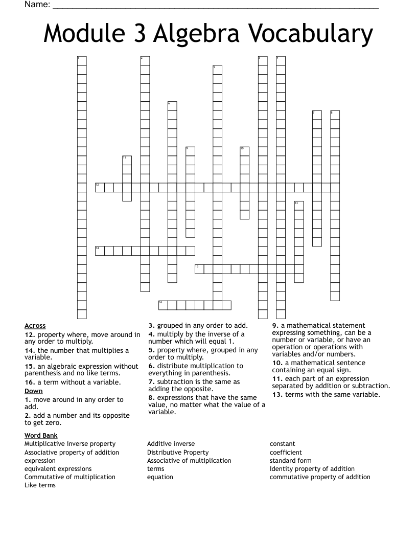 Module 3 Algebra Vocabulary Crossword