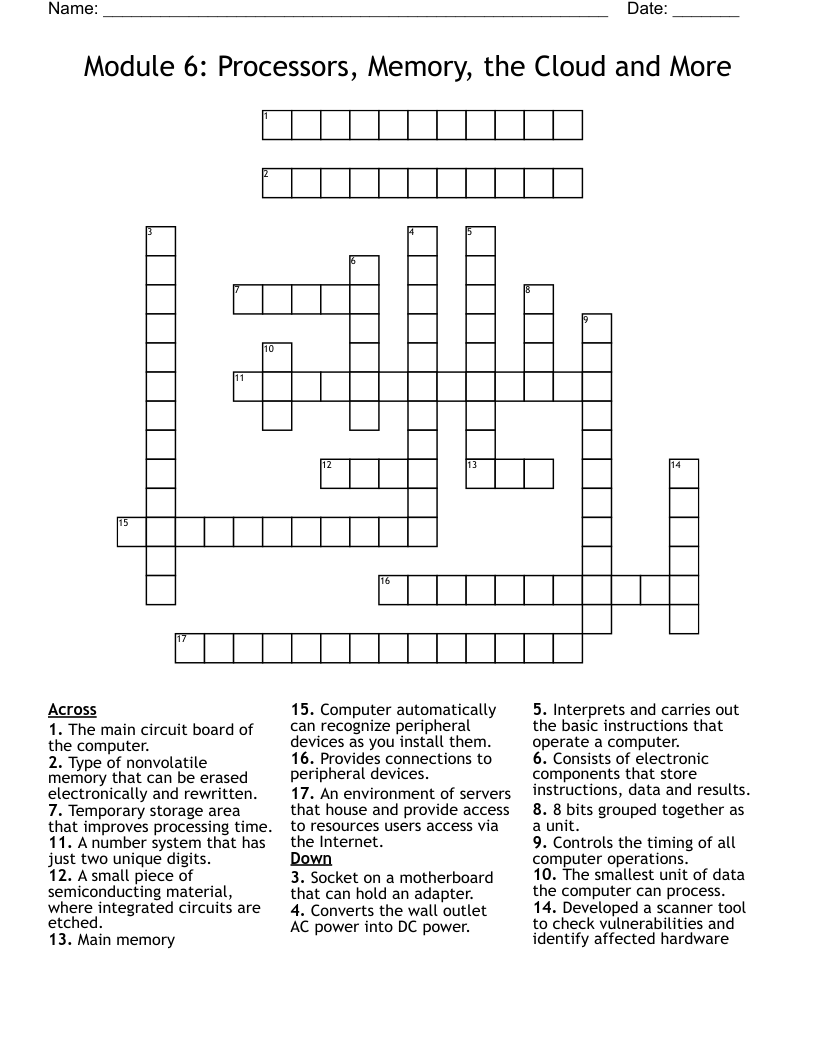 Module 6: Processors, Memory, the Cloud and More Crossword