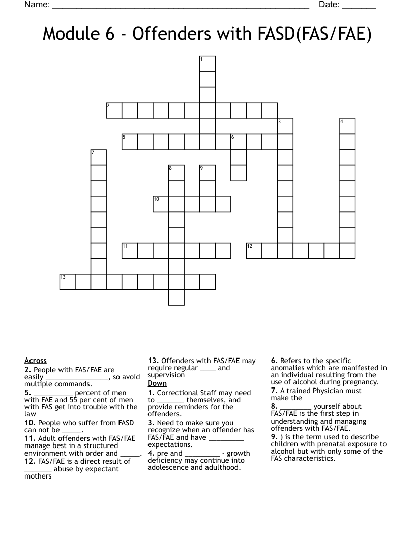 Module 6 - Offenders with FASD(FAS/FAE) Crossword
