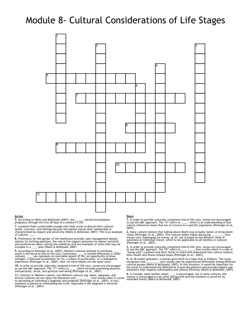 Module 8- Cultural Considerations of Life Stages Crossword
