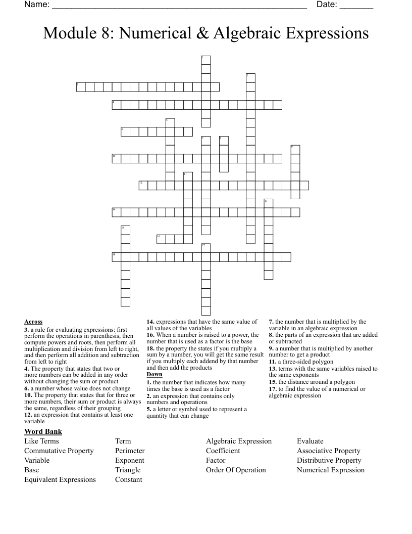 Module 8: Numerical & Algebraic Expressions Crossword