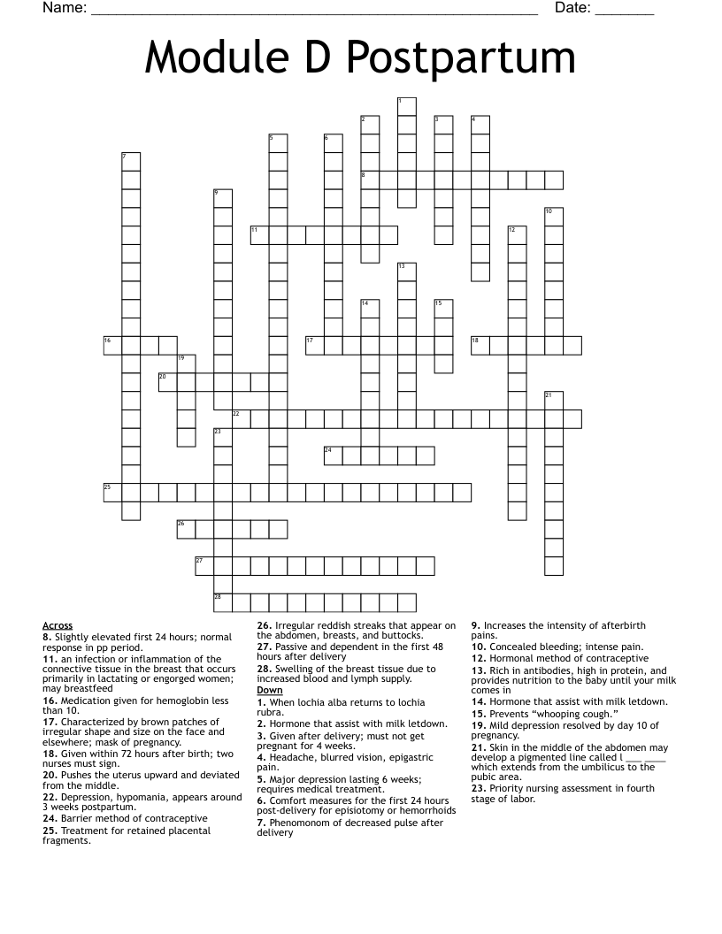 Module D Postpartum  Crossword