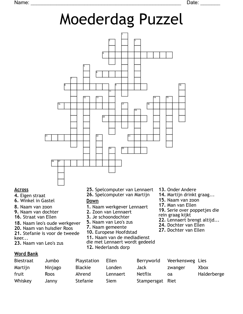 Moederdag Puzzel Crossword