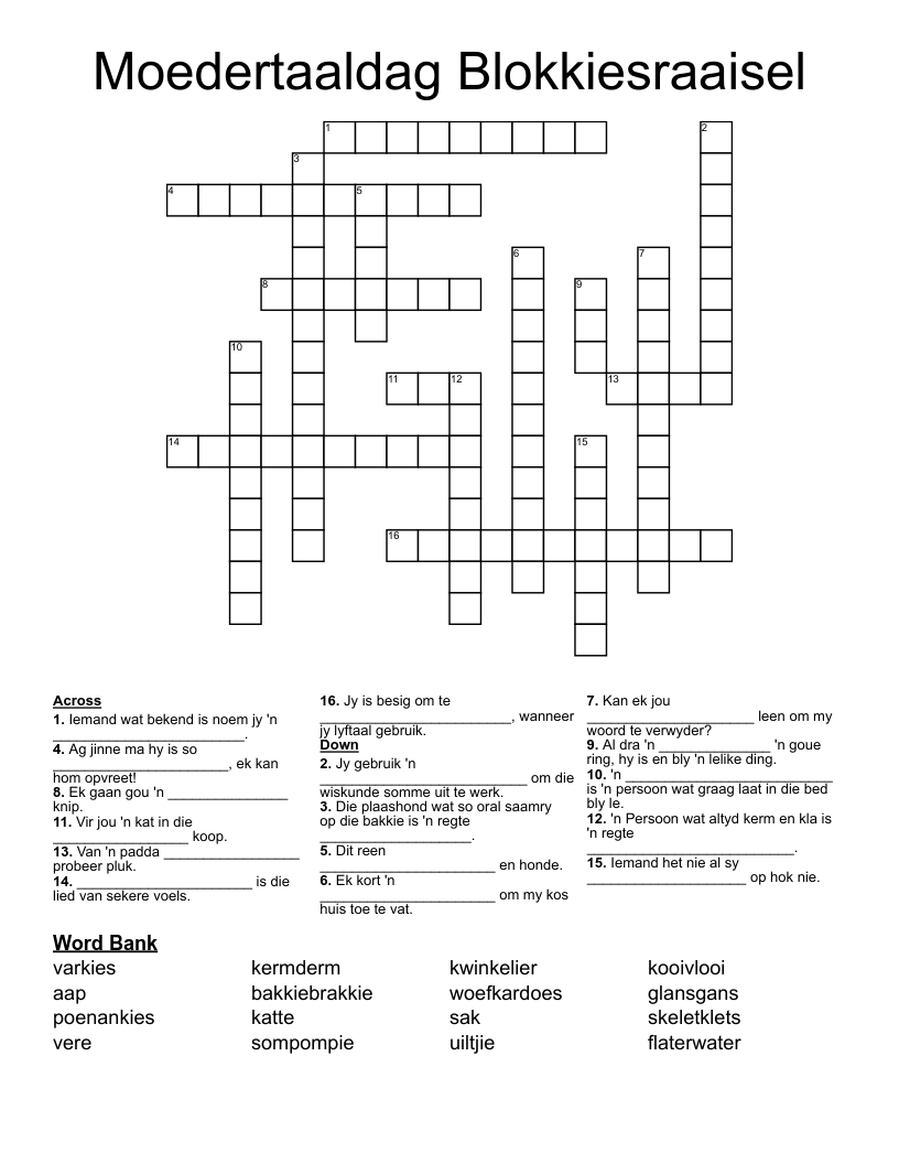 Moedertaaldag Blokkiesraaisel Crossword