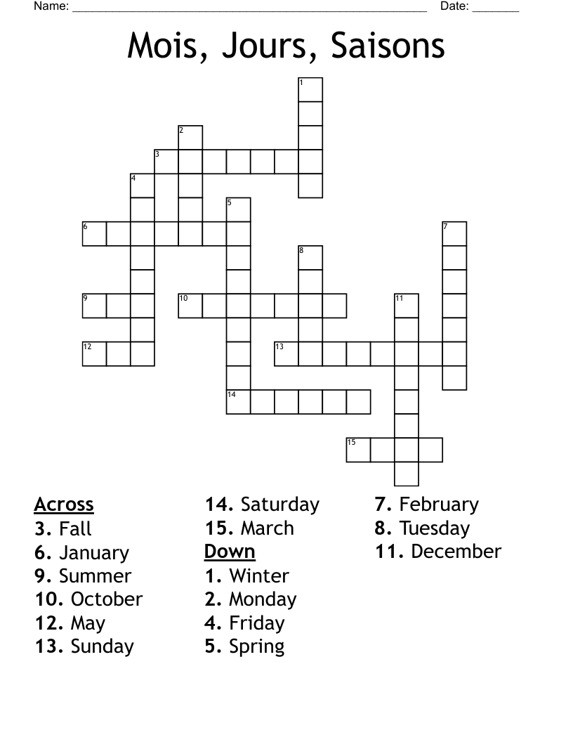 Mois, Jours, Saisons Crossword