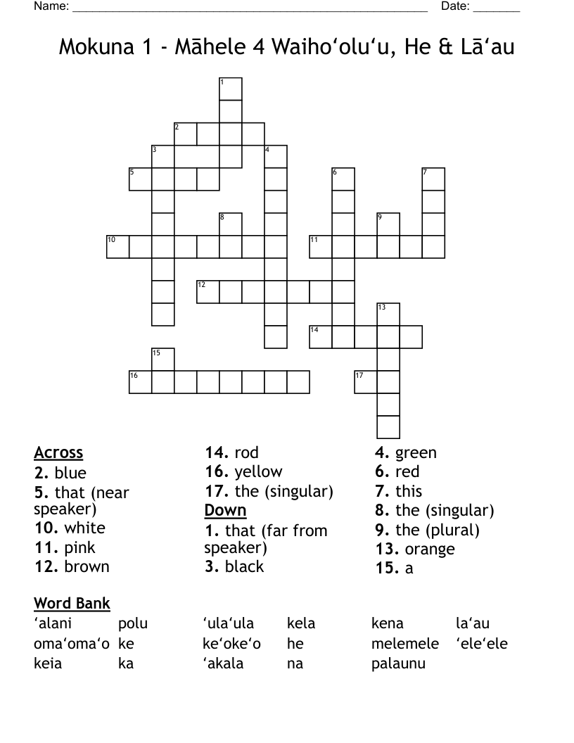 Mokuna 1 - Māhele 4 Waihoʻoluʻu, He & Lāʻau Crossword