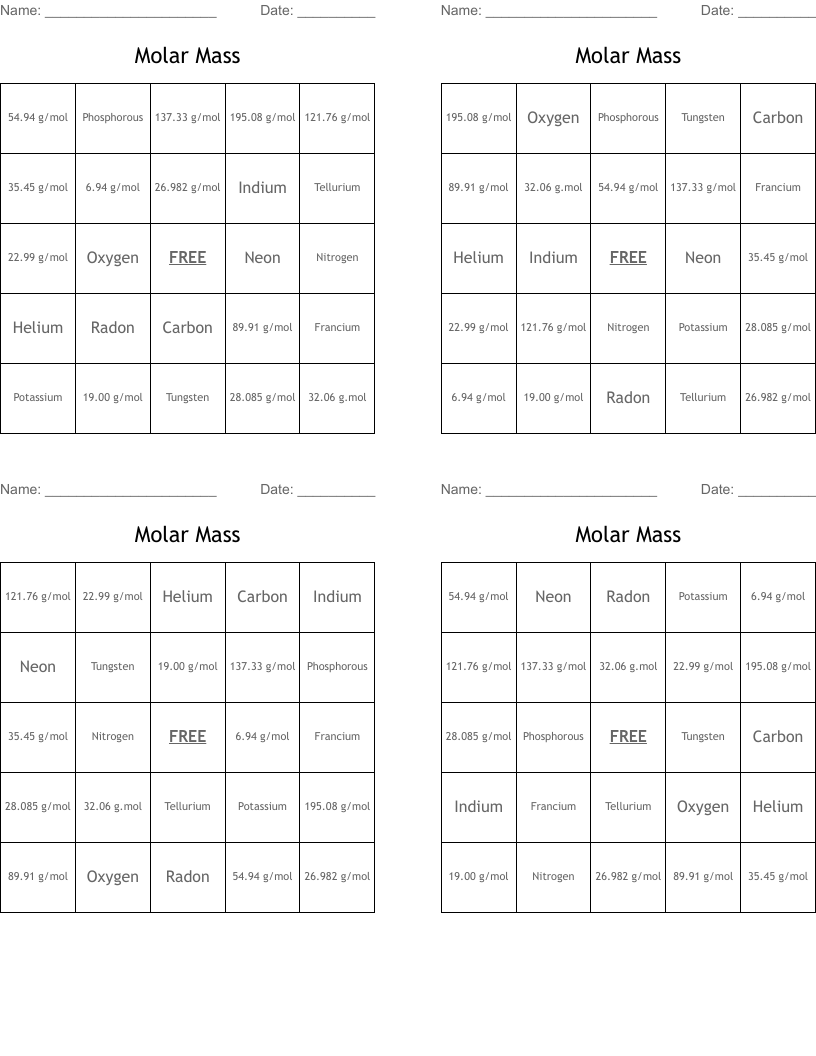 Molar Mass Bingo Cards