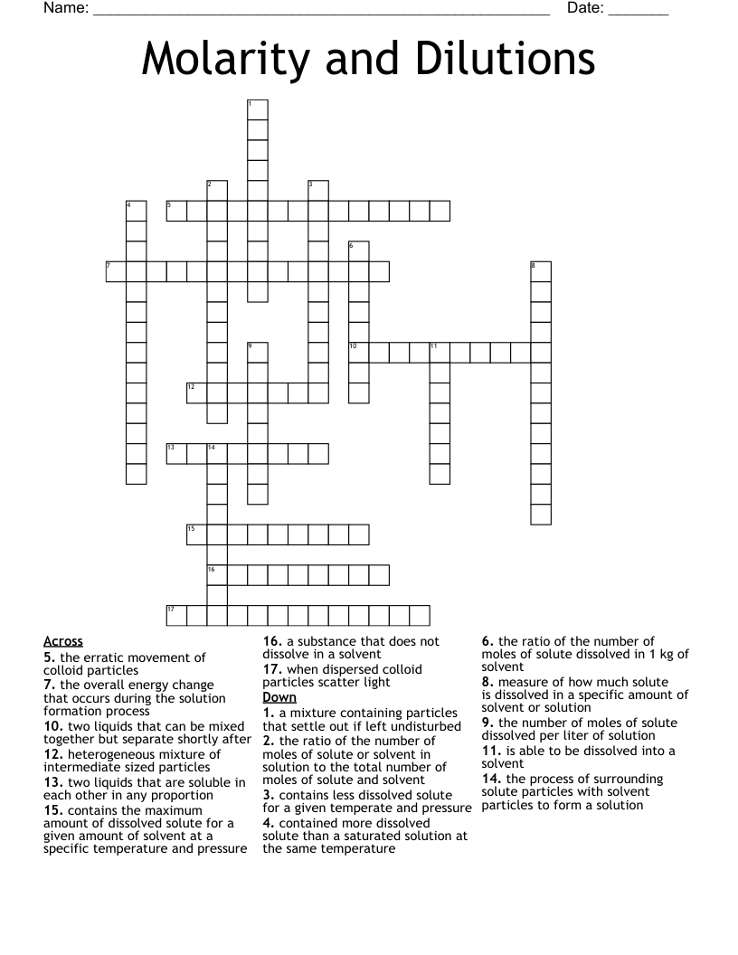 Molarity and Dilutions Crossword