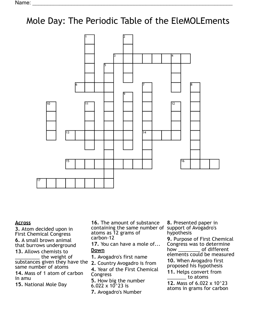 Mole Day: The Periodic Table of the EleMOLEments Crossword