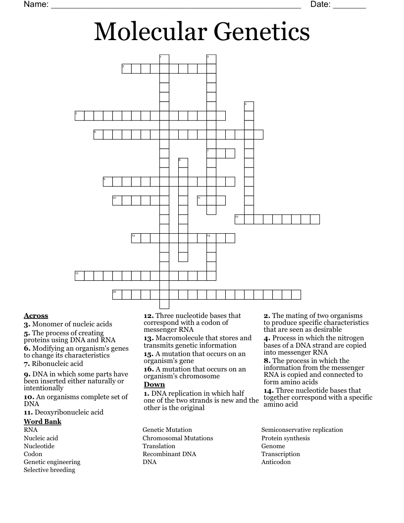 Molecular Genetics Crossword