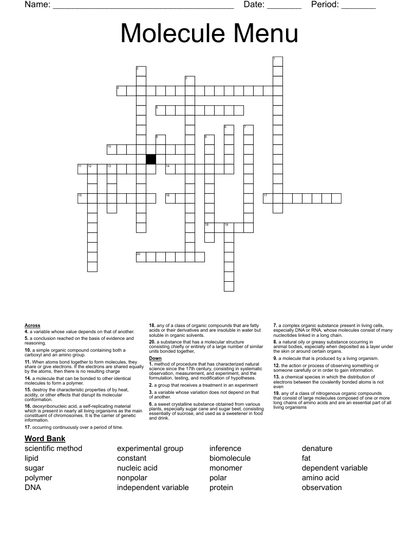 Molecule Menu Crossword